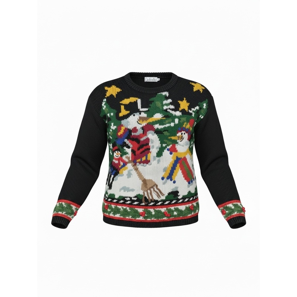 Rafaella Hand Knitted Christmas Sweater Snowman 3D Pom Pom Vintage Black Medium